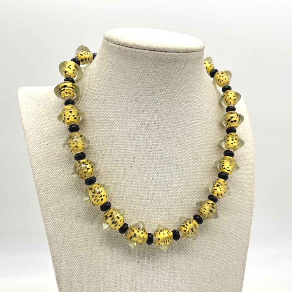 Hand Blown Art Glass Bead Necklace Yellow Gold Foil Black Speckle Toggle 18.5"